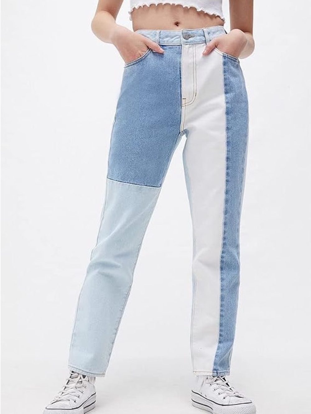 PacSun Two-Tone Patchwork Straight Leg Jeans - Light Blue & White